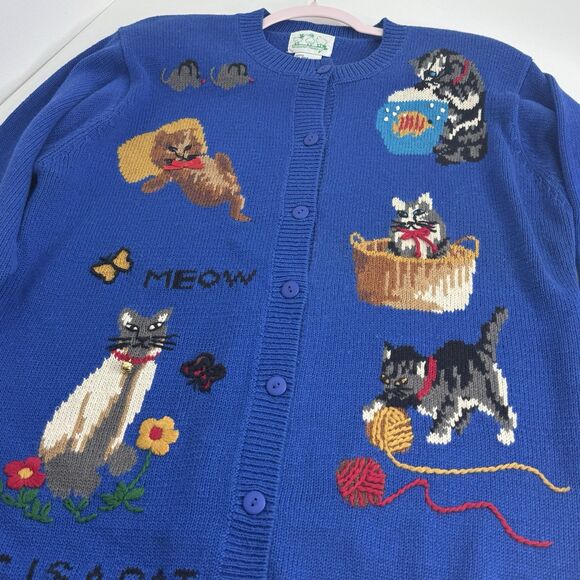 Vtg Quacker Factory, A Cat Is A Cat Cardigan Knit Sweater M Button Bell - Picture 3 of 12